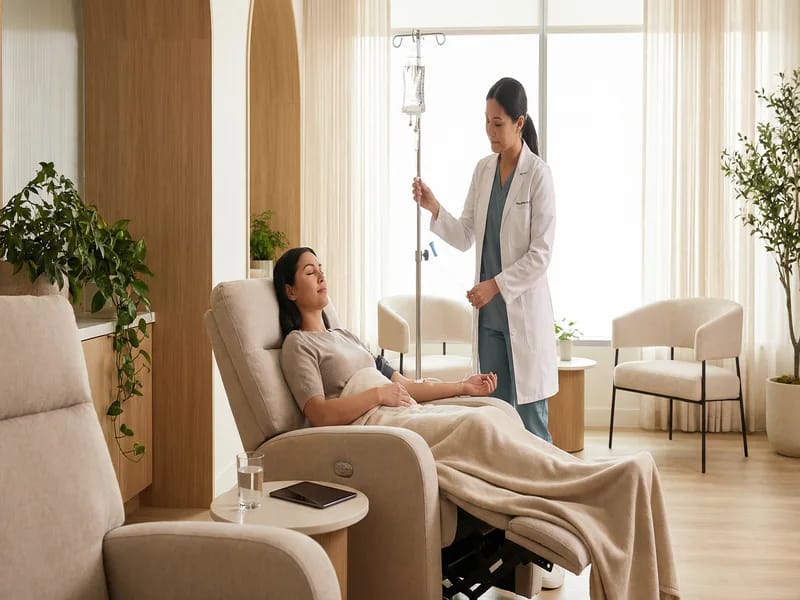 Patient receiving IV hydration therapy in wellness clinic