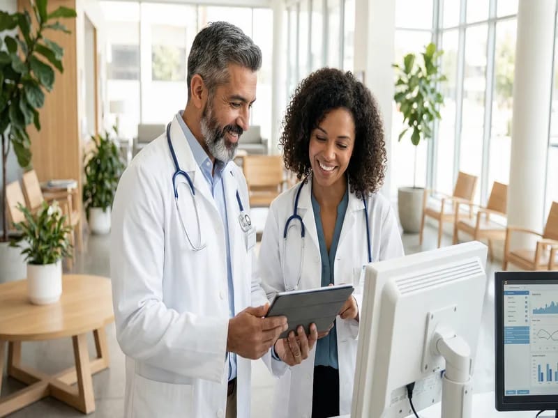 Diverse medical team of two physicians collaborating in modern clinic