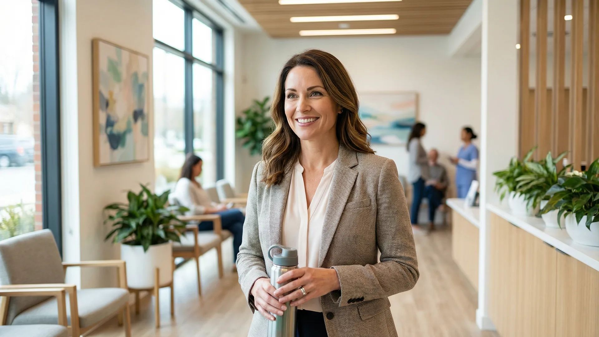 Happy patient smiling in welcoming medical clinic lobby