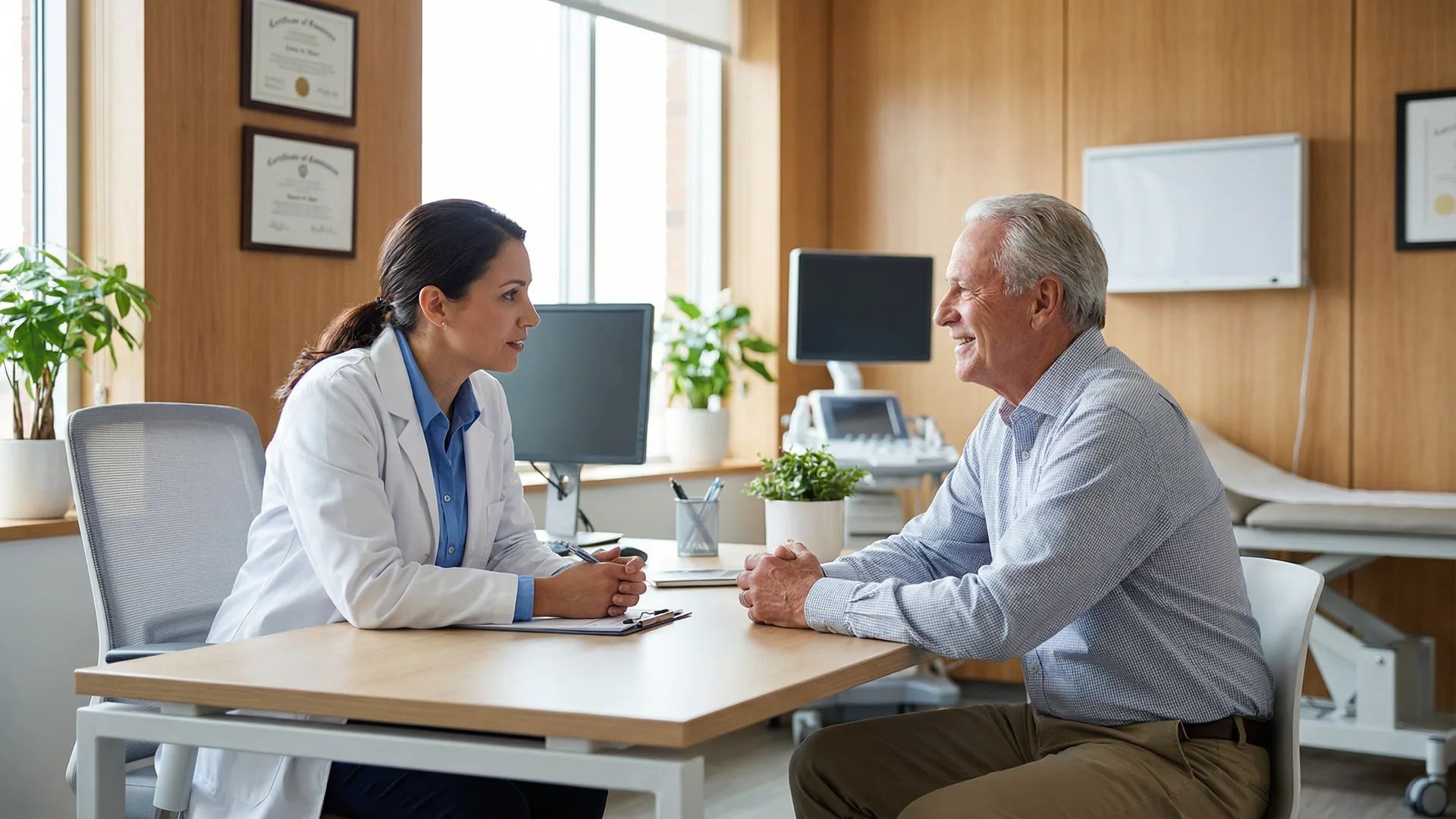 Doctor consulting with patient in modern medical office