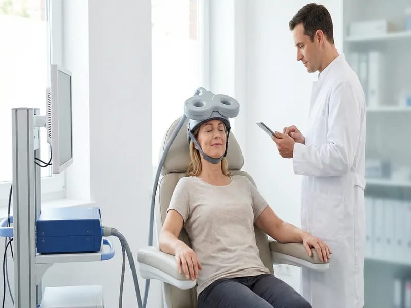 Patient receiving TMS therapy treatment in modern clinic